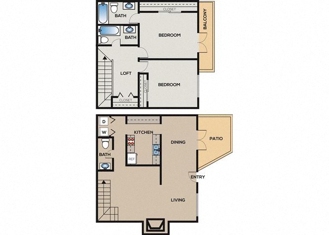 Floor plan for 2 beds, 2.5 baths, 1283 sqft